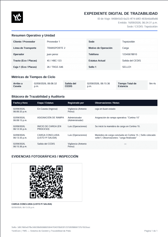 Expediente PDF con verificación de marchamos y firma digital